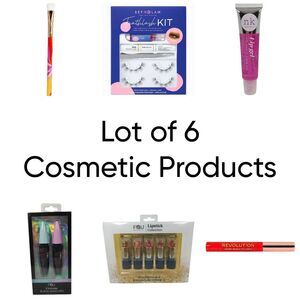 Lot of 6 Cosmetic Items Shadow Brush Eyelashes Lip Gel Mascara Lipstick & Liner